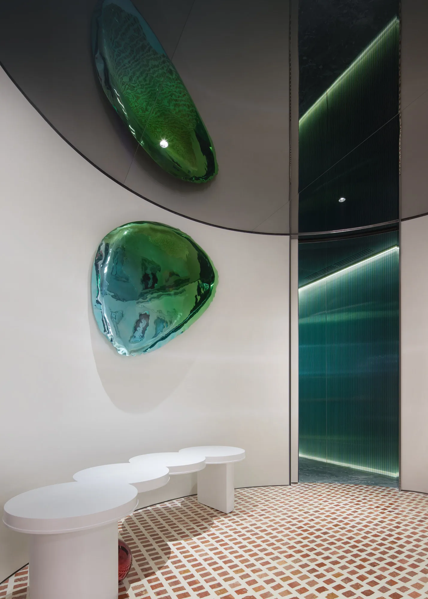 red geometric terrazzo floor and green decoration